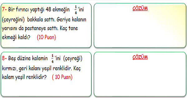 3. Sınıf Matematik Kesir Problemleri-1