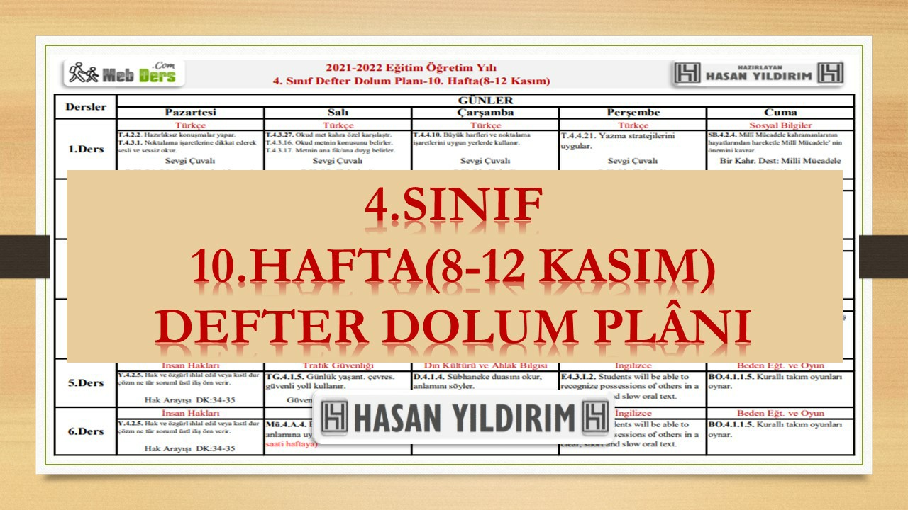4. Sınıf 10.Hafta(8-12 Kasım) Defter Dolum Planı