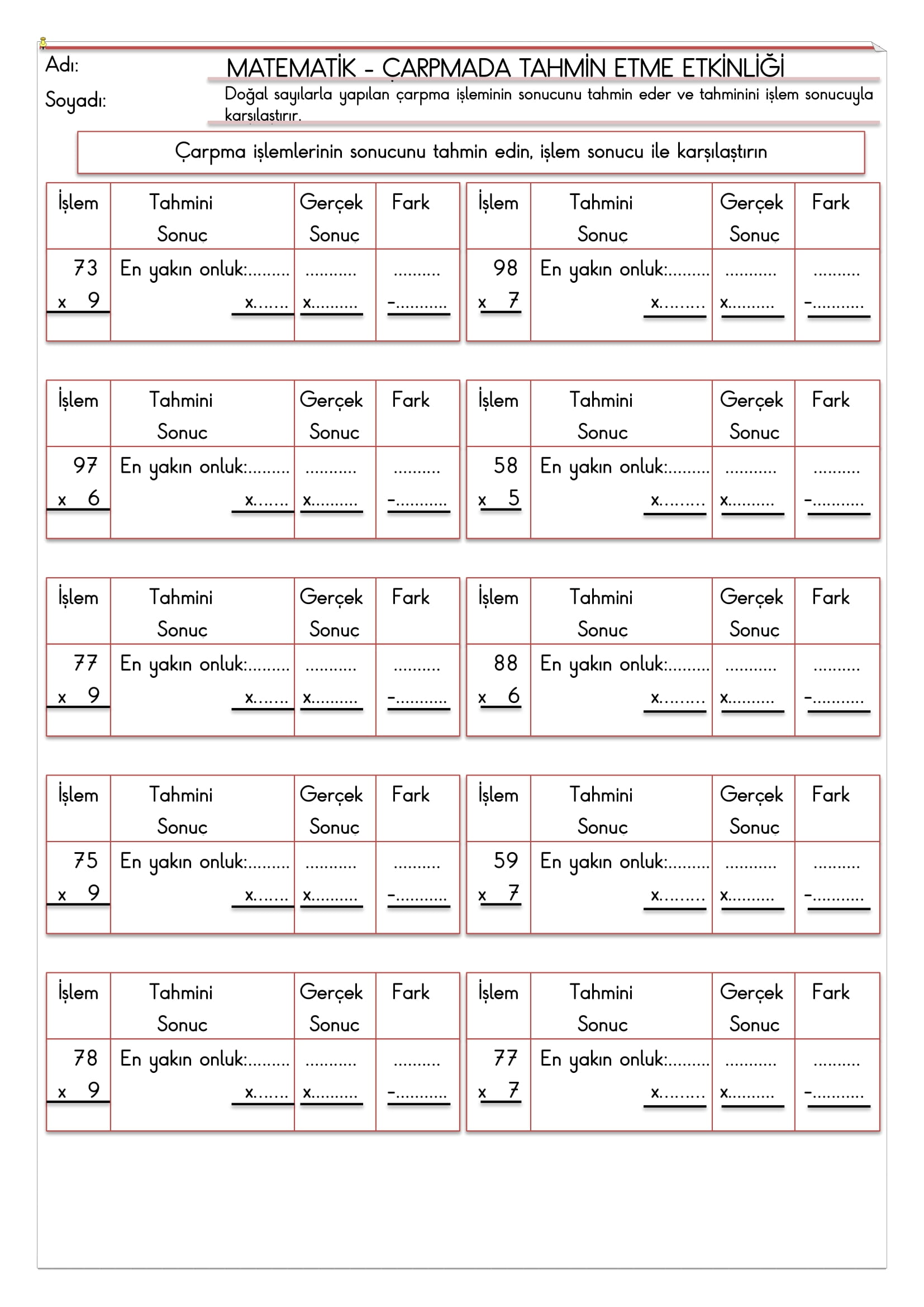 4. Sınıf - Matematik - Çarpmada Tahmin Etme Etkinliği