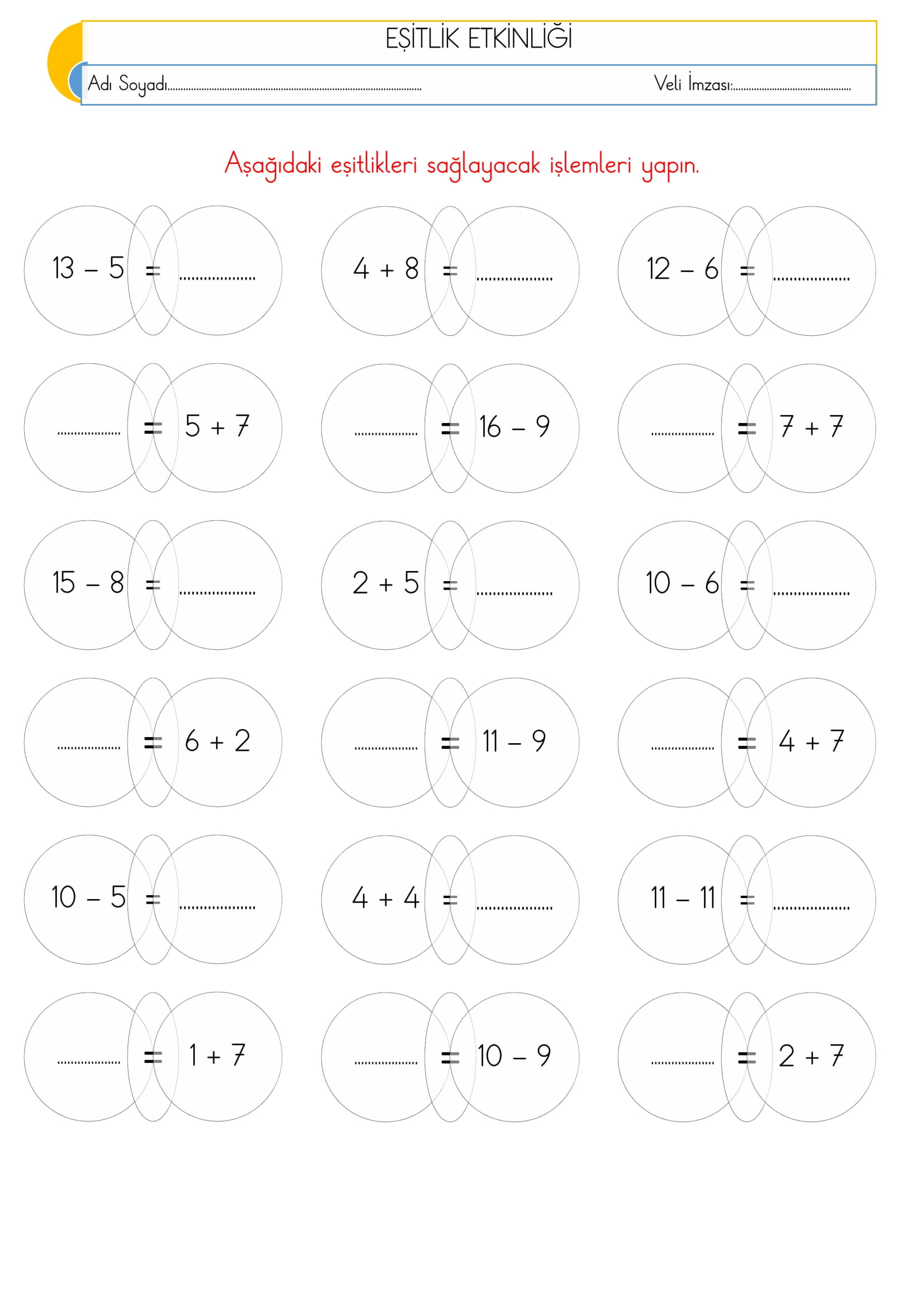 1. Sınıf Matematik Eşitlik Etkinliği