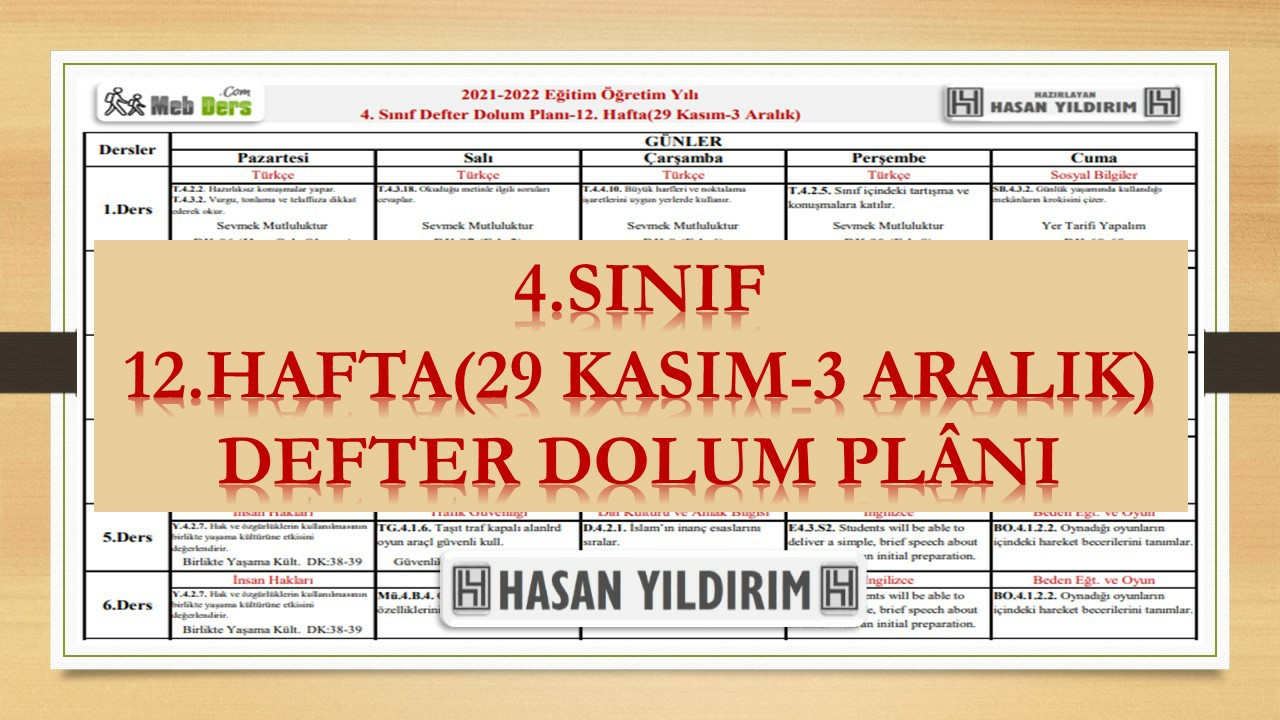 4. Sınıf 12.Hafta(29 Kasım-3 Aralık) Defter Dolum Planı