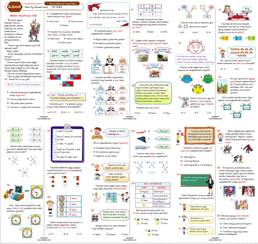 2. Sınıf  Nisan Ayı Türkiye Geneli Deneme Sınavı  (Türkçe-Matematik-Hayat Bilgisi  30 Soru)