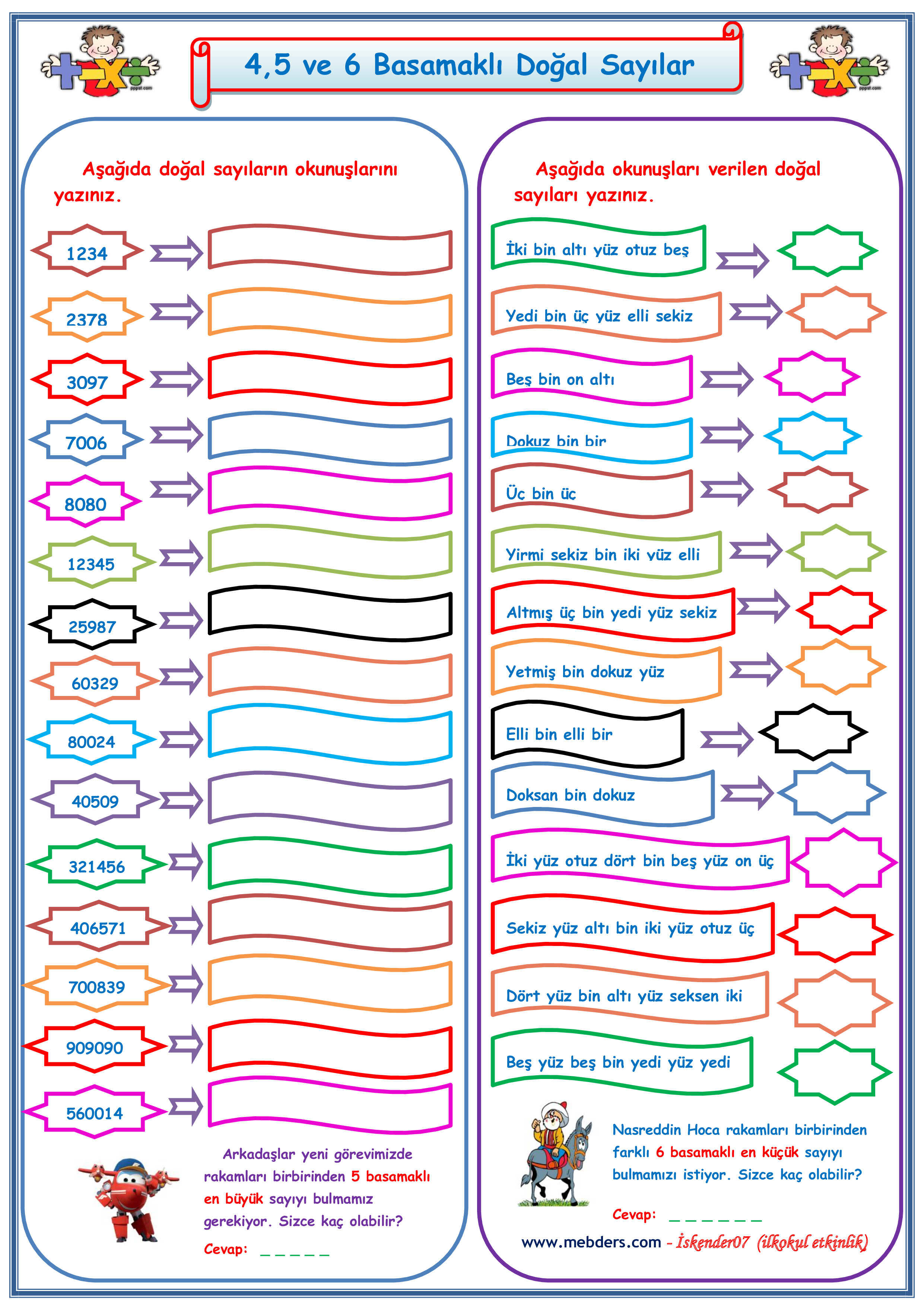 4. Sınıf Matematik 4-5-6 Basamaklı Doğal Sayıların Okunuşu ve Gösterilişi