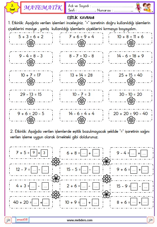 2. Sınıf Matematik Eşitlik Kavramı Etkinliği 1