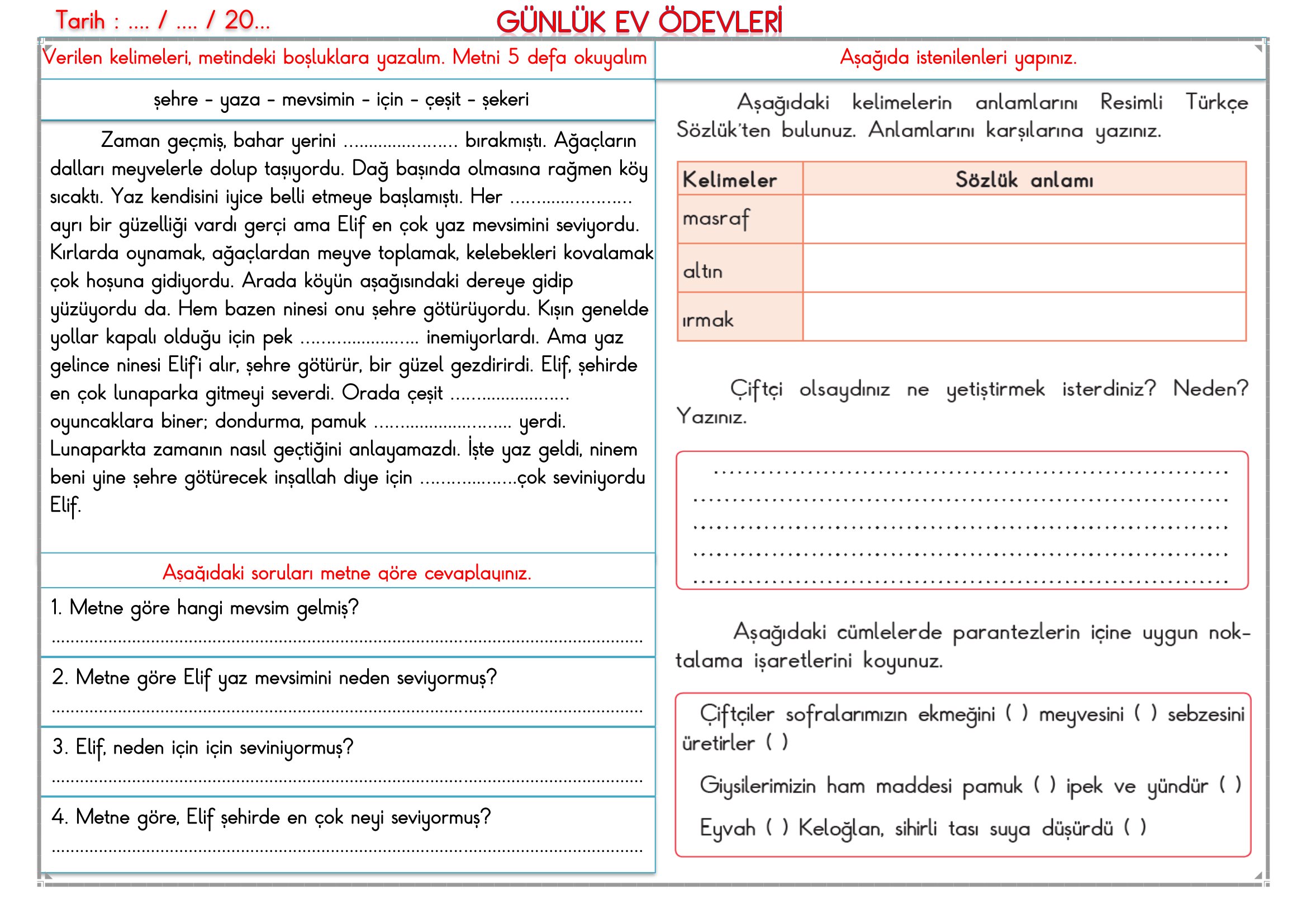 2. Sınıf - 11 Mart 2026 Günlük Ev Ödevleri
