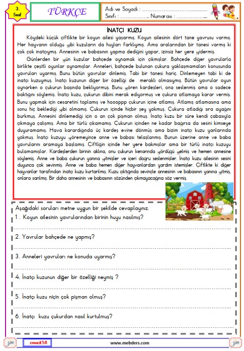 3. Sınıf Türkçe Okuma ve Anlama Metni Etkinliği 36 (İnatçı Kuzu)