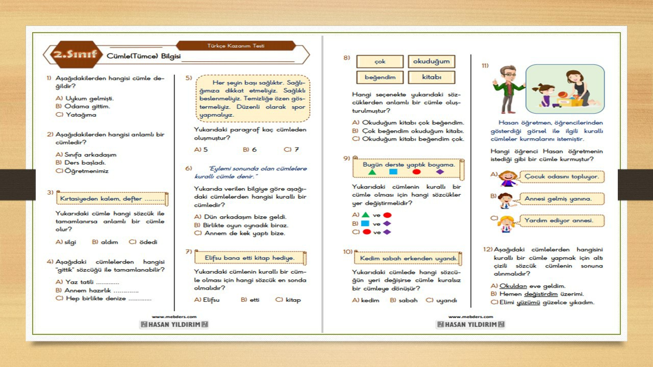 2. Sınıf Türkçe Cümle Bilgisi Testi