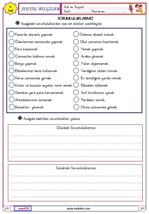 4. Sınıf Sosyal Bilgiler Sorumluluklarımız Etkinliği 3