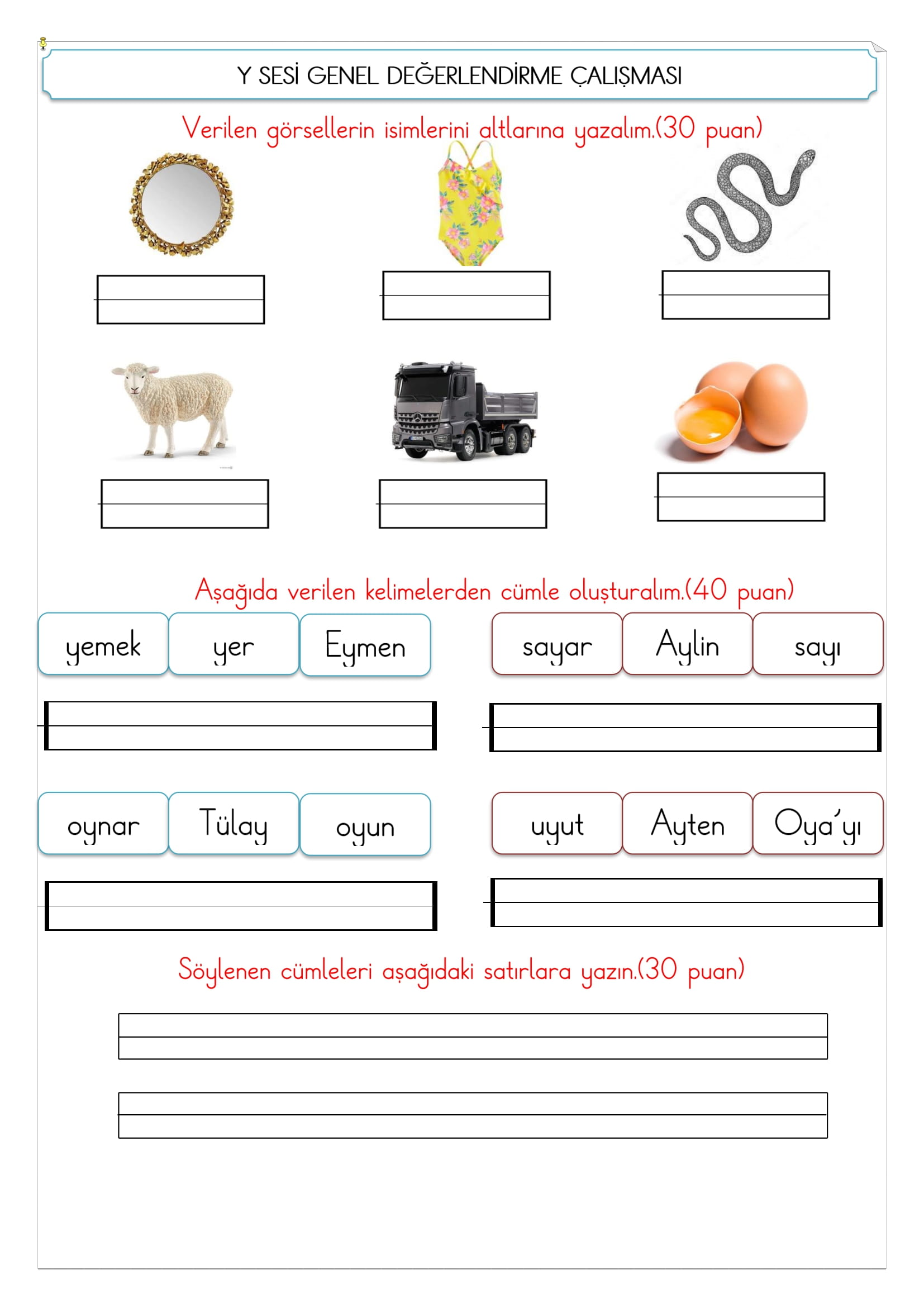 1. Sınıf İlk Okuma Yazma Y Sesi Değerlendirme Çalışması