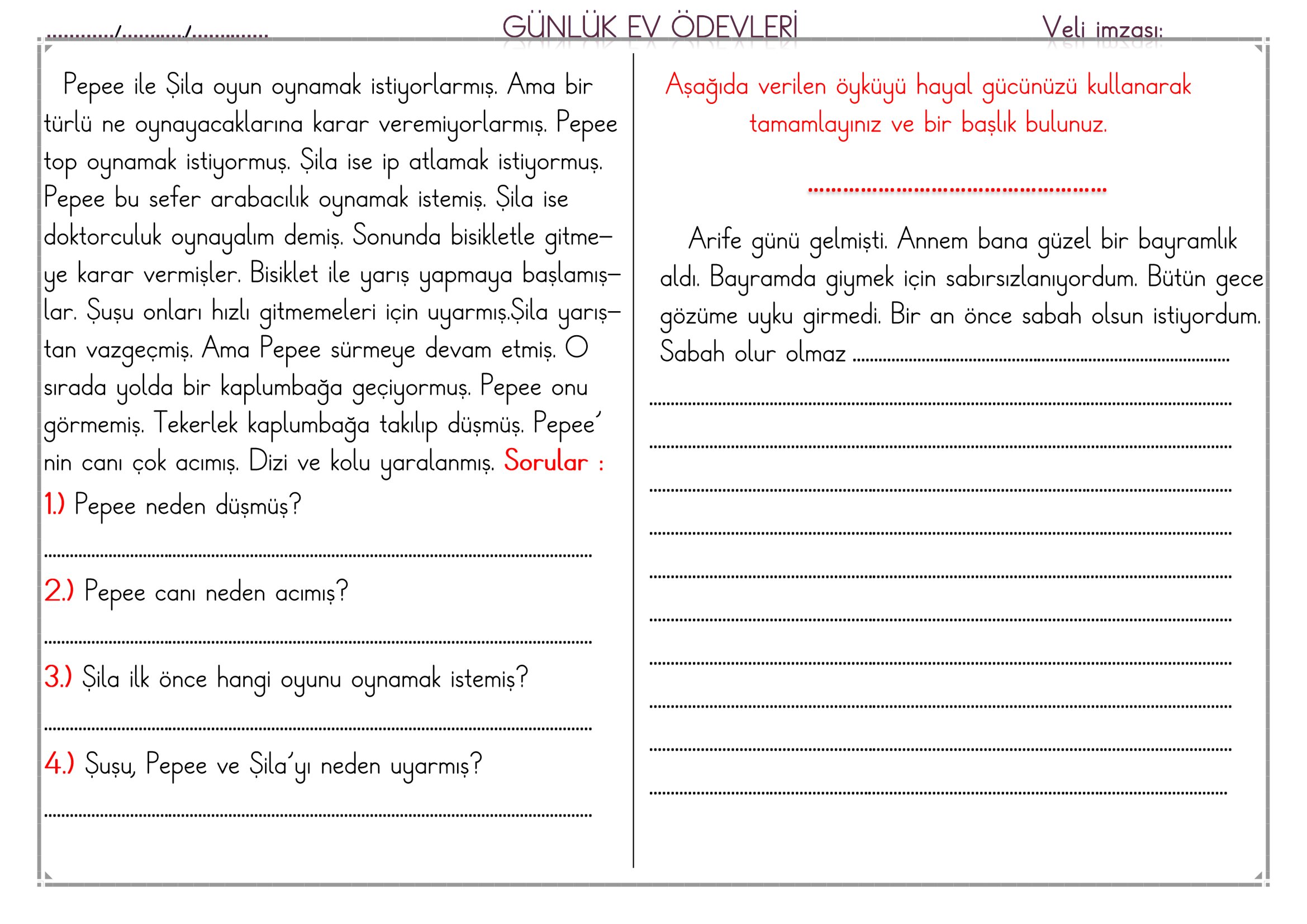 1. Sınıf - 21 Nisan 2026 Günlük Ev Ödevleri
