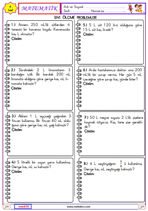 4. Sınıf Matematik Sıvılar ile İlgili Ölçme Problemleri Etkinliği 1