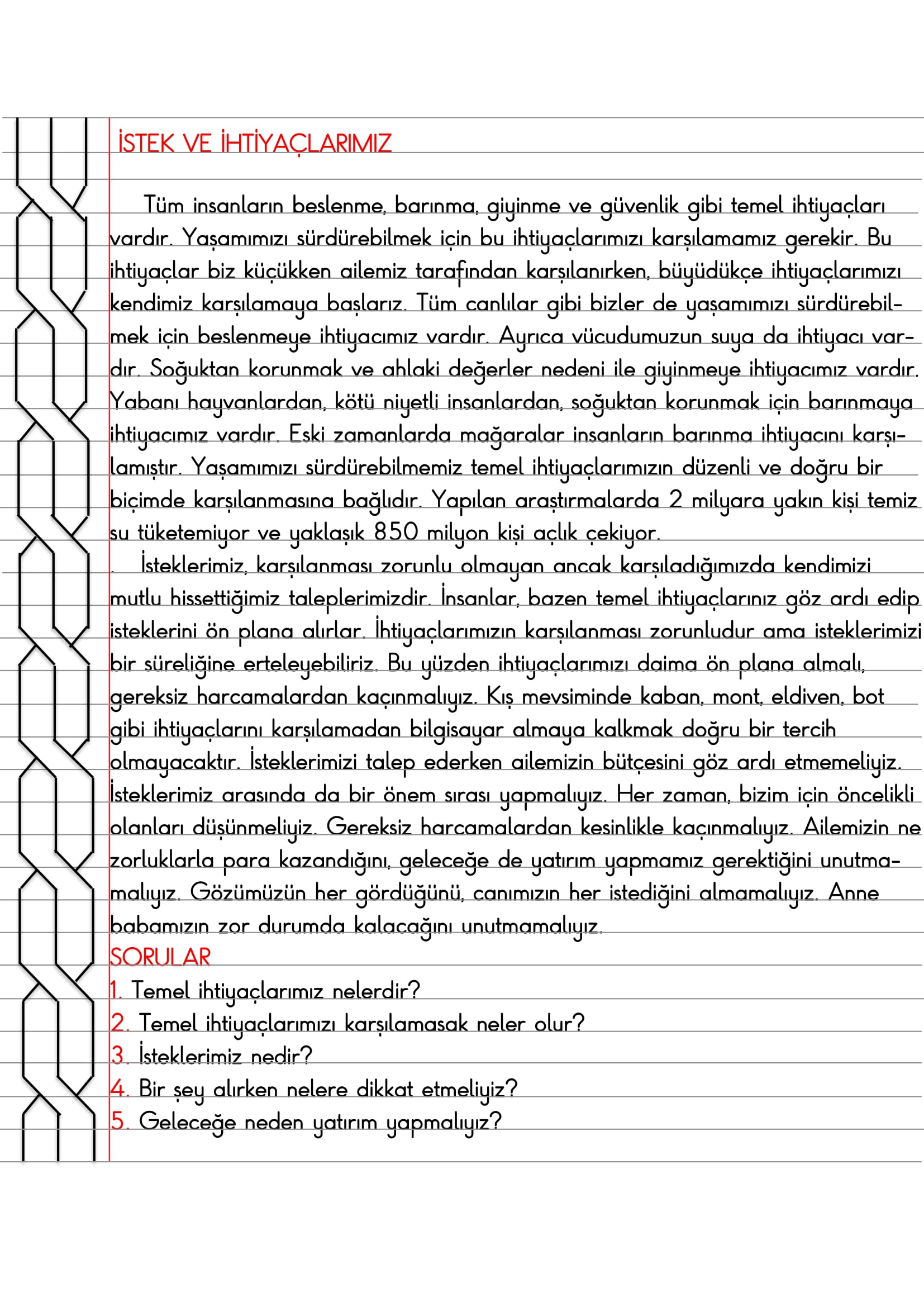 4. Sınıf - Sosyal Bilgiler - İstek ve İhtiyaçlarımız Defter Özeti