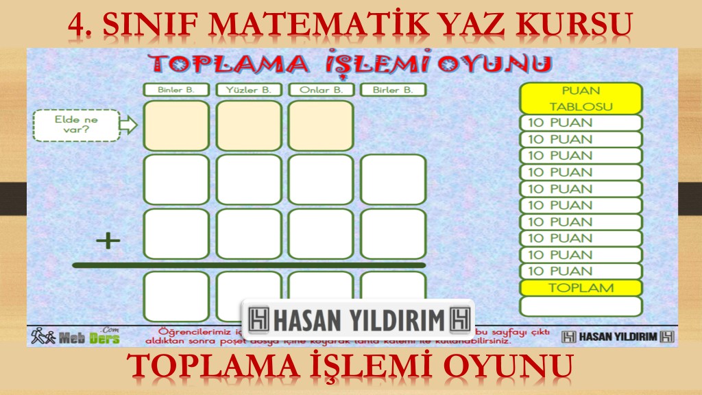 4. Sınıf Matematik Yaz Kursu - Toplama İşlemi Oyunu