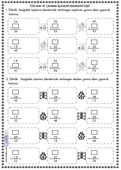 2. Sınıf Matematik Toplama ve Çıkarma  İşlemleri Arasındaki İlişki Etkinliği 3
