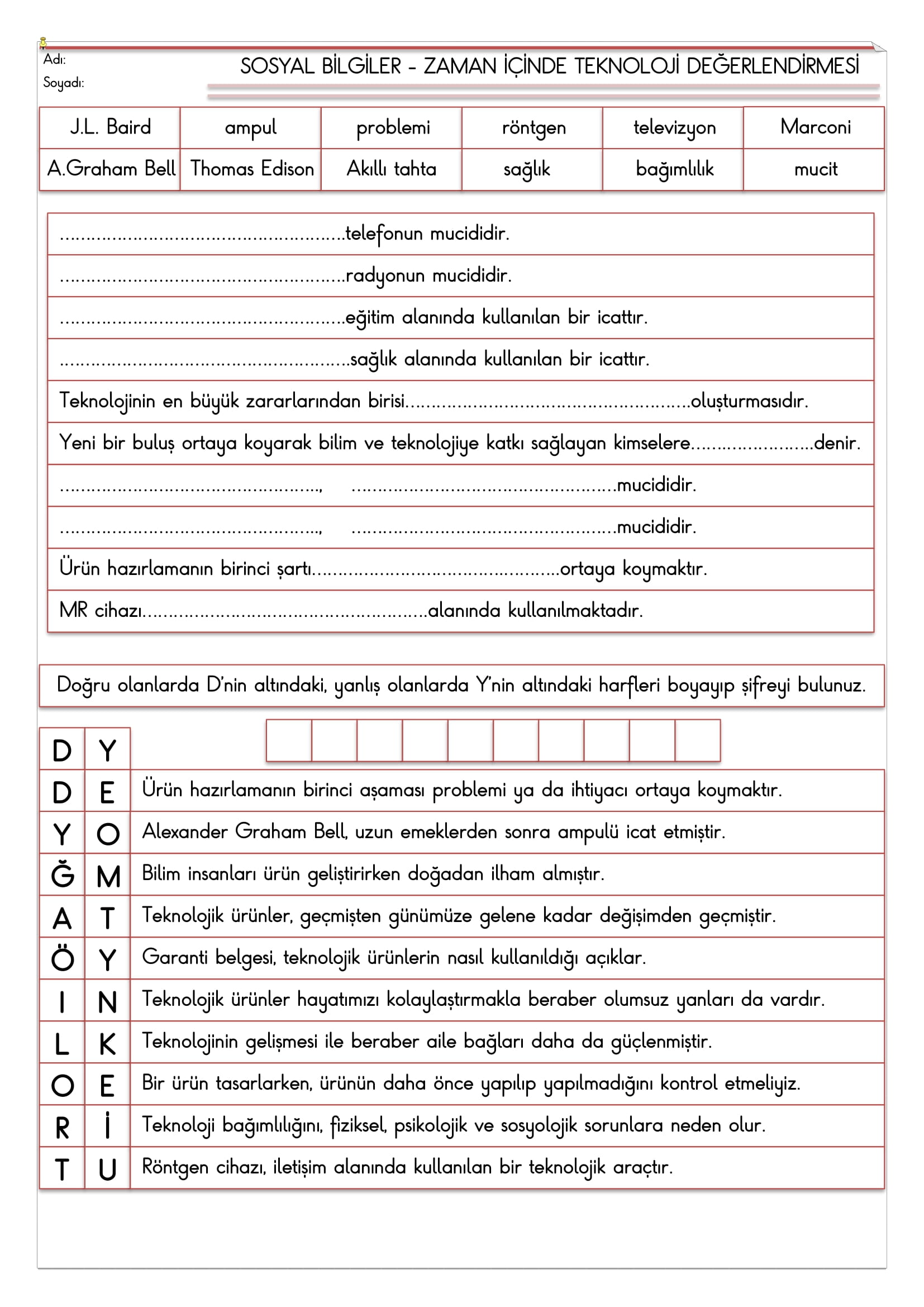 4. Sınıf - Sosyal Bilgiler Zaman İçinde Teknoloji Değerlendirmesi