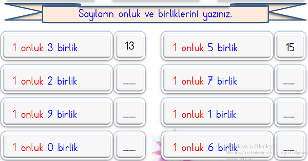 1. Sınıf Matematik Onluk Birlik Gösterimi Etkinliği 7