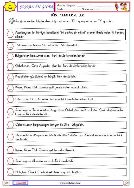 4. Sınıf Sosyal Bilgiler Türk Cumhuriyetleri Etkinliği