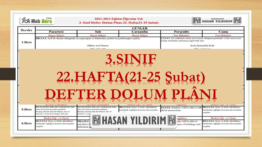 3. Sınıf 22.Hafta(21-25 Şubat) Defter Dolum Planı
