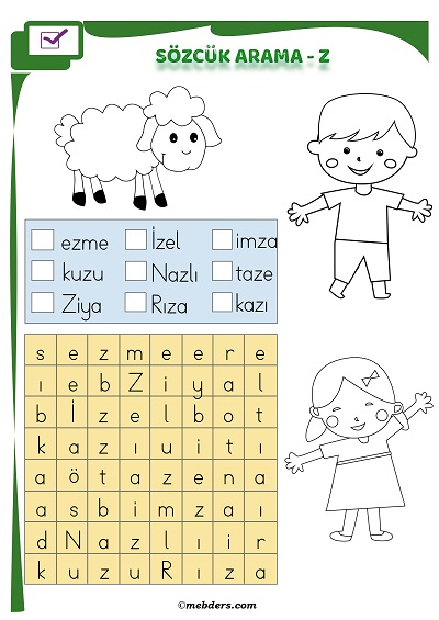 1. Sınıf İlkokuma Boyamalı Sözcük Arama Etkinliği - Z Sesi