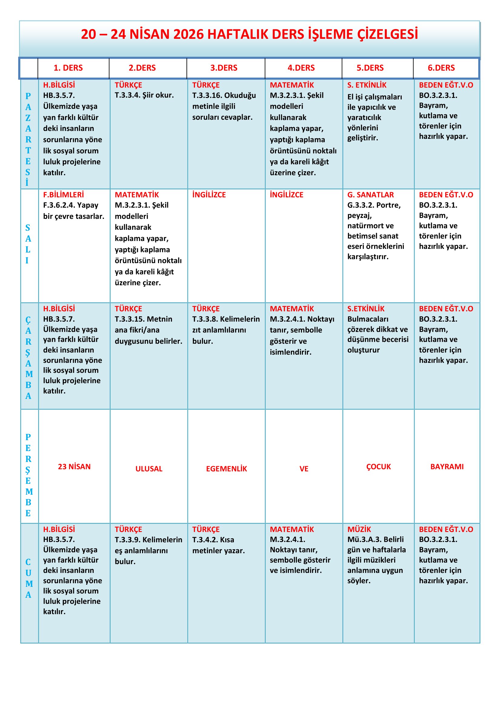 3. Sınıf 20 - 24 Nisan 2026 Haftalık Ders İşleme Çizelgesi.doc