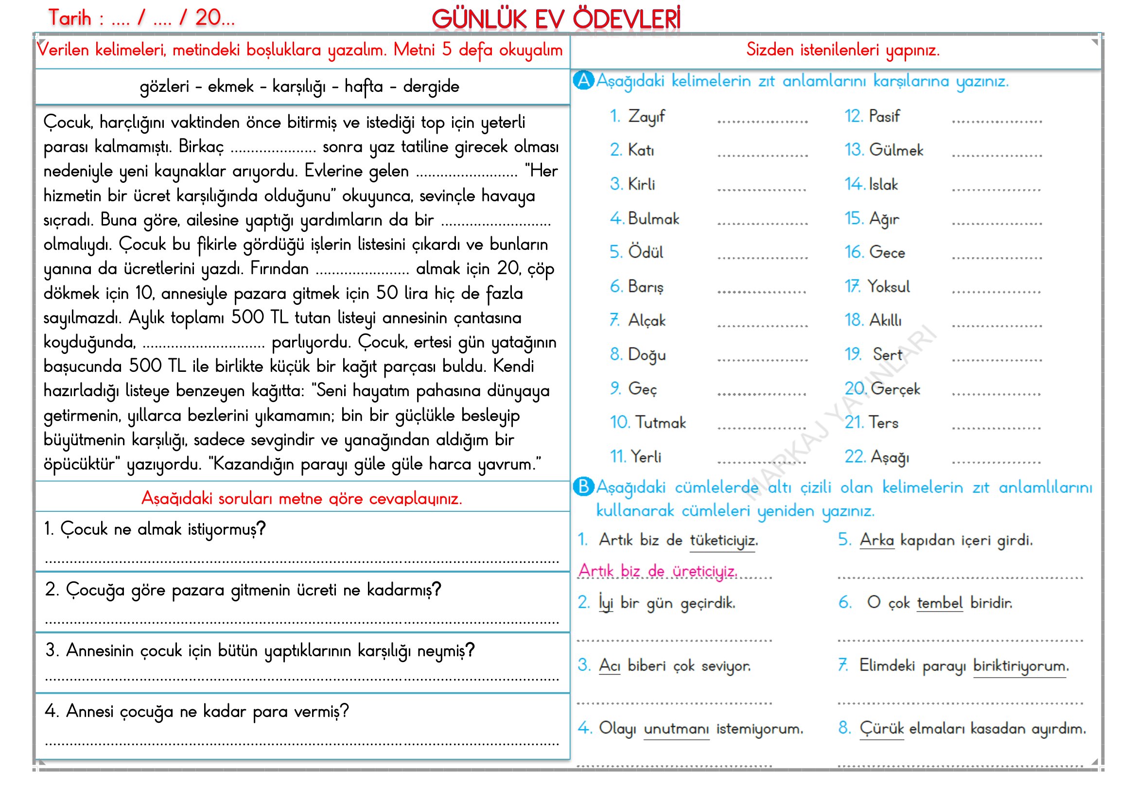 2. Sınıf - 29 Nisan 2026 Günlük Ev Ödevleri