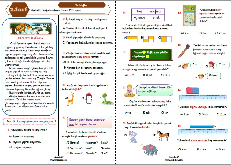 2. Sınıf Haftalık Değerlendirme Testi - 34.Hafta (29 Mayıs-02 Haziran)