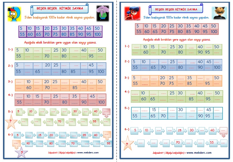 1. Sınıf Matematik Beşer Beşer Ritmik Sayma (2 Sayfa)