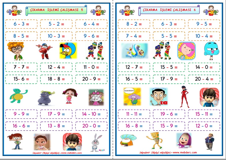 1. Sınıf Matematik Çıkarma İşlemi Çalışması 5-6 (2 Sayfa)