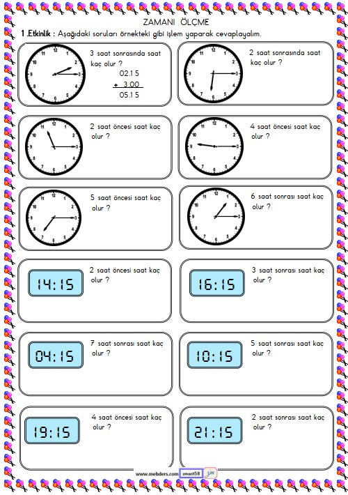 2. Sınıf Matematik Zamanı Ölçme, Saat Etkinliği 33