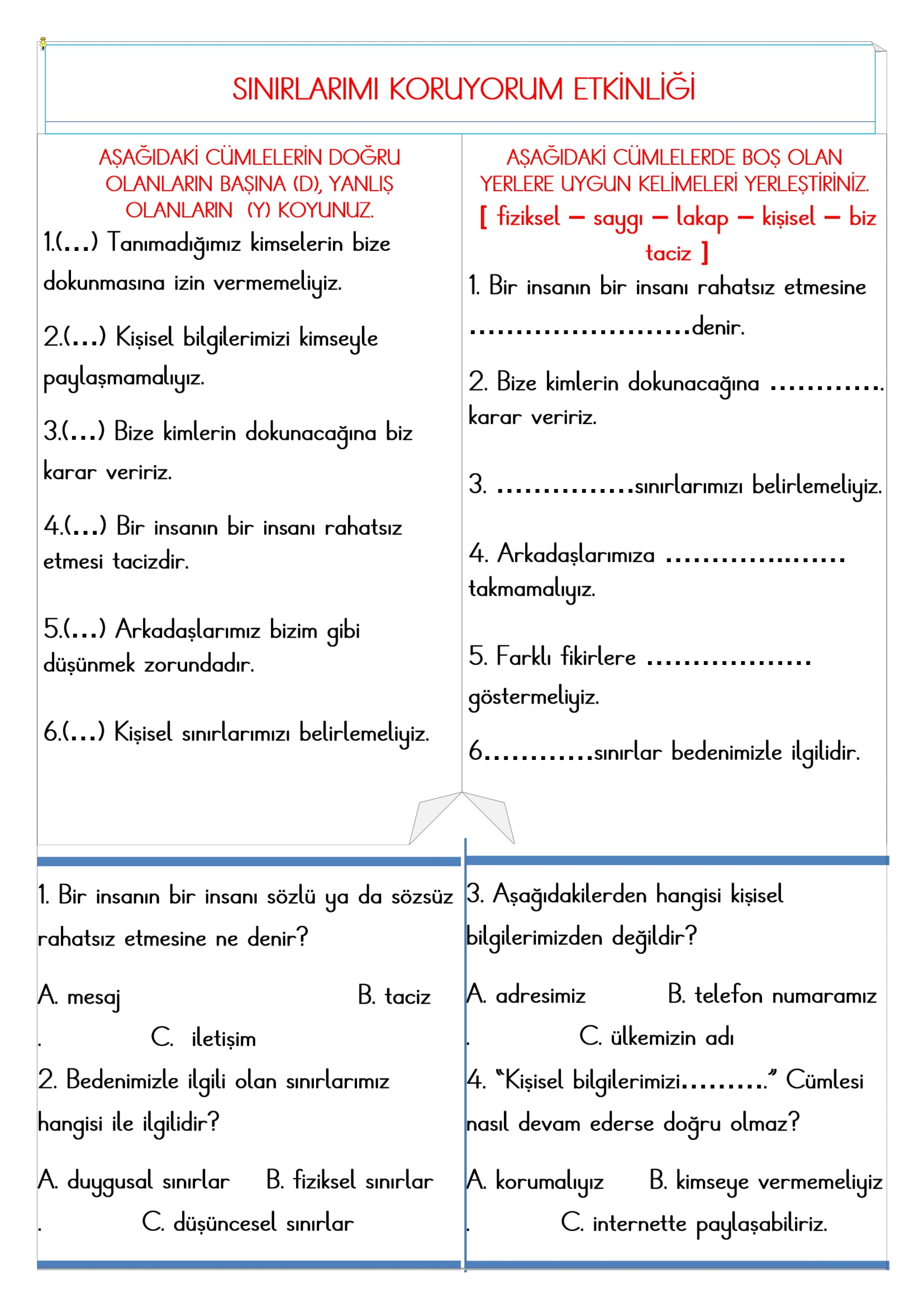2. Sınıf - Hayat Bilgisi Sınırlarımı Koruyorum Etkinliği