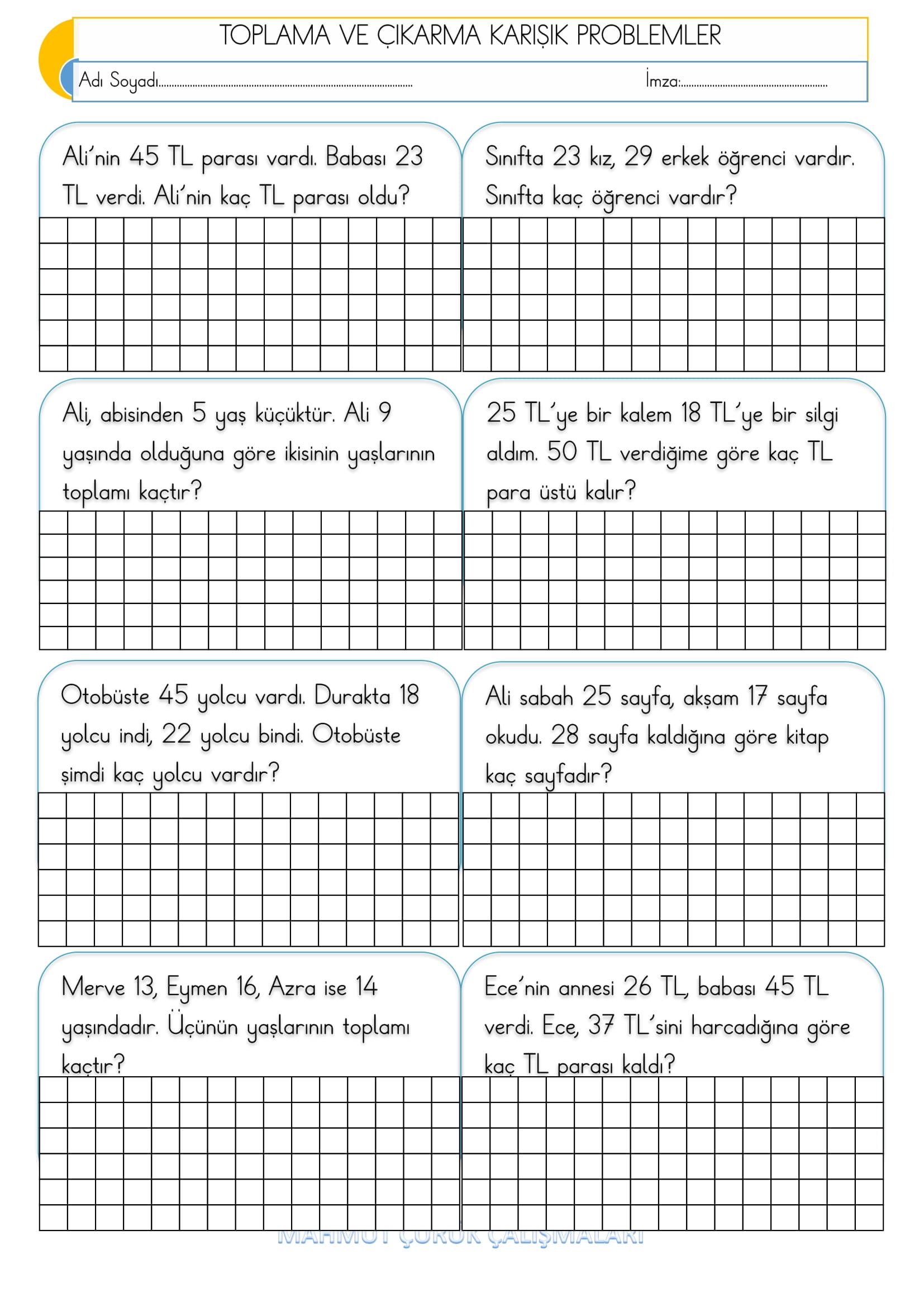 2. Sınıf - Matematik - Toplama ve Çıkarma Karışık Problemler-1