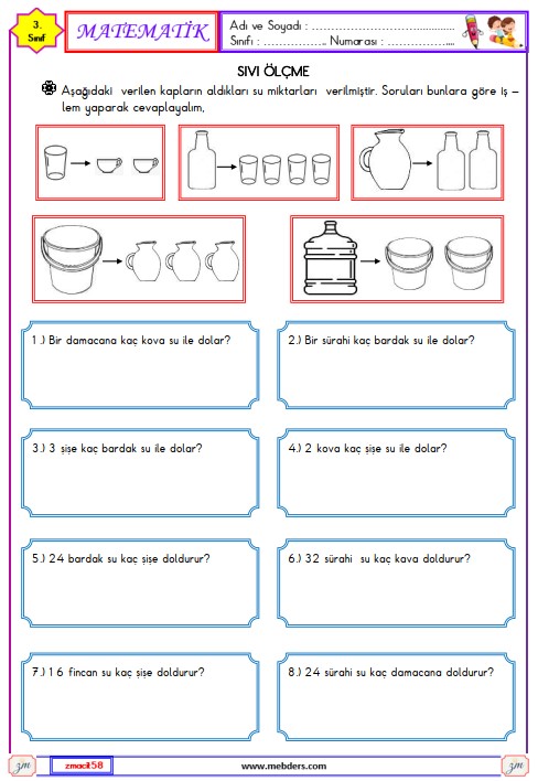 3. Sınıf Matematik Sıvı Ölçme Etkinliği 9