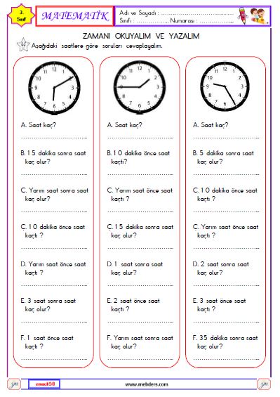 3. Sınıf Matematik Zamanı Okuyalım ve Yazalım Etkinliği 9