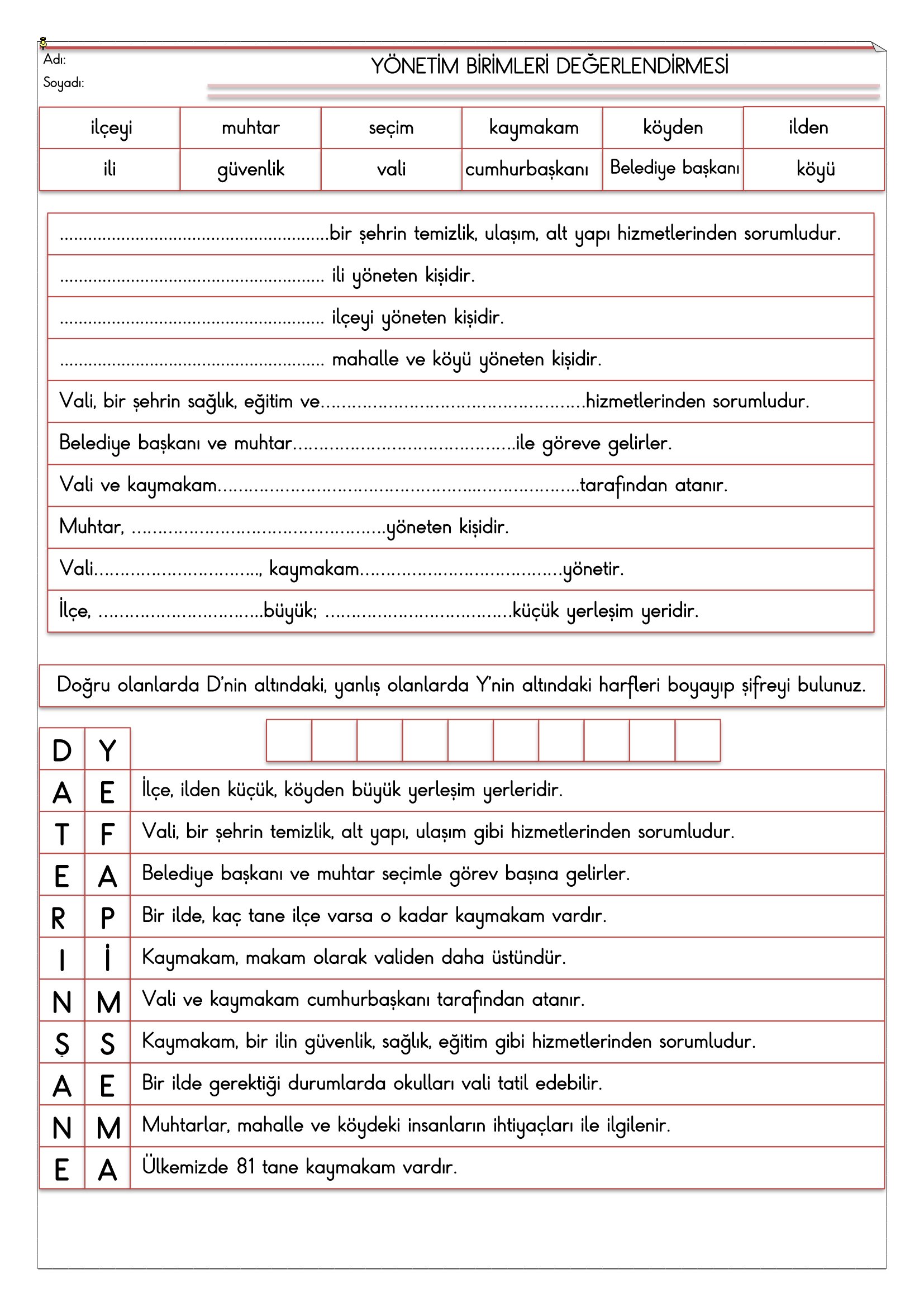 2. Sınıf - Hayat Bilgisi Yönetim Birimleri Değerlendirmesi