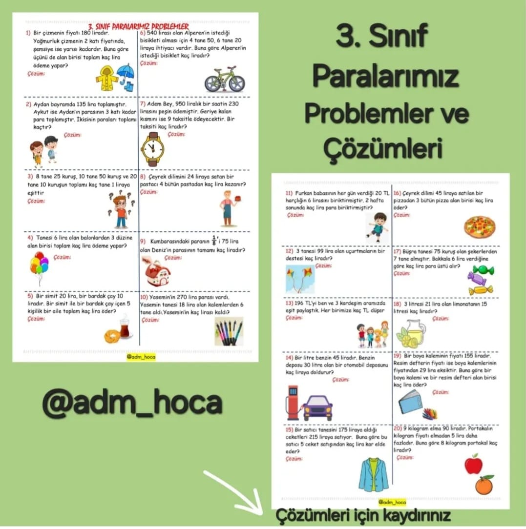 3. Sınıf Matematik -Paralarımız Problemler