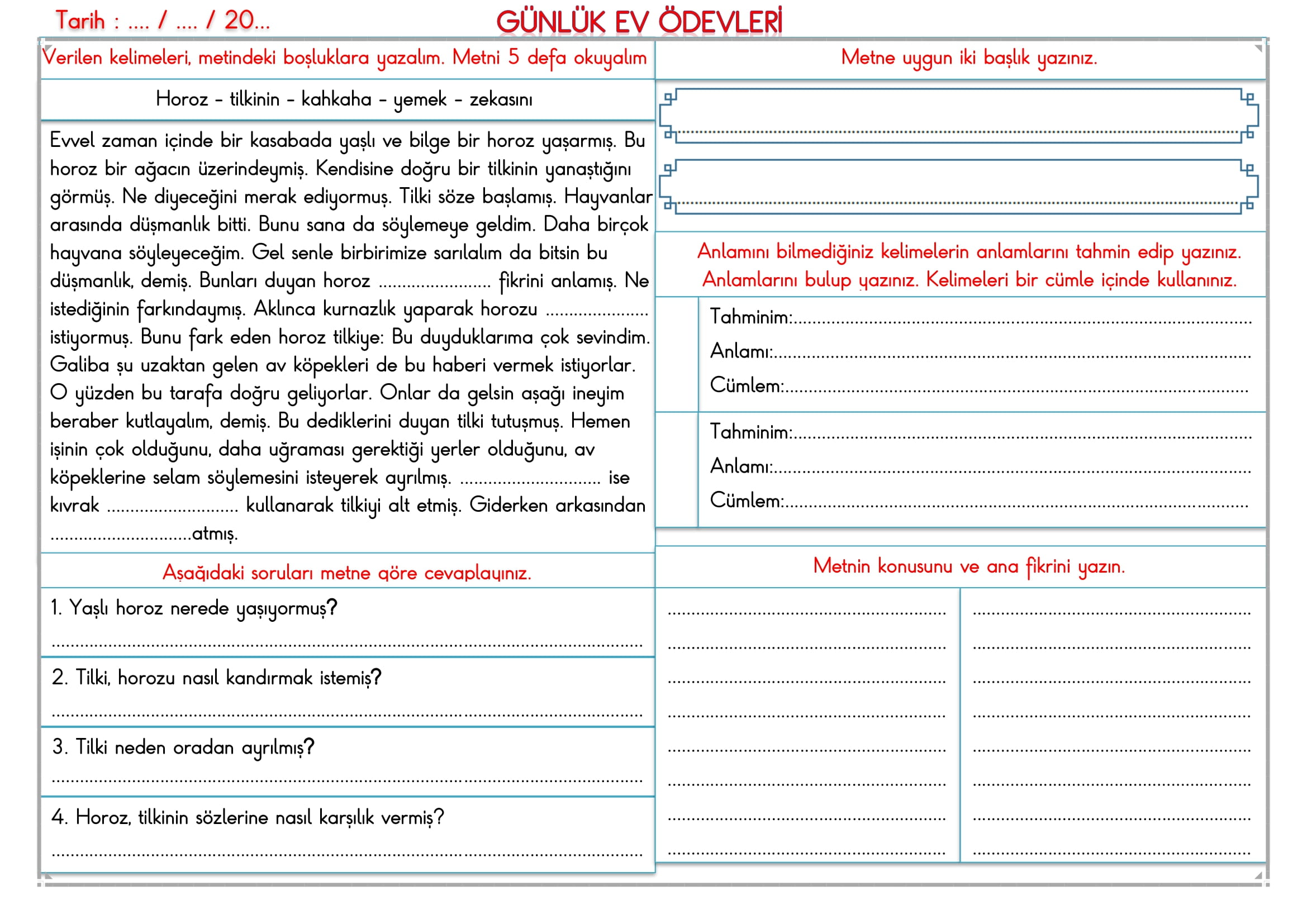 2. Sınıf 03 Haziran 2025 Günlük Ev Ödevi