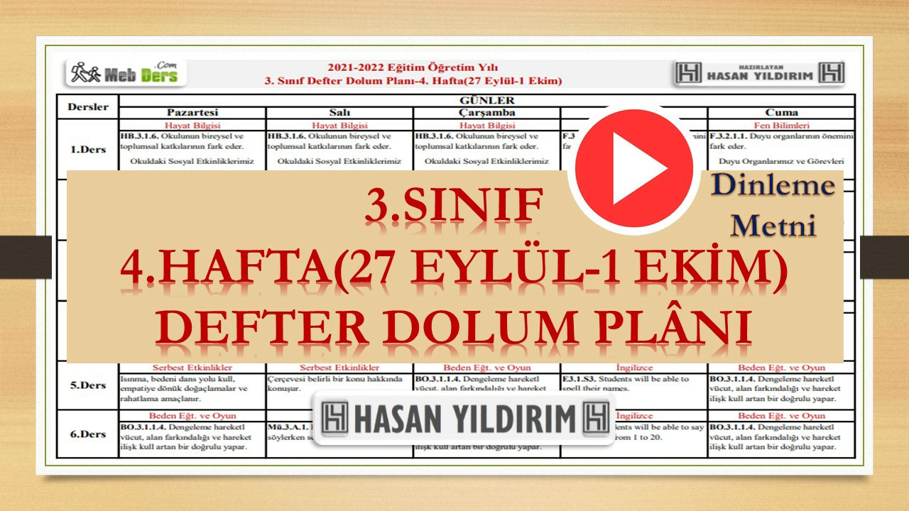 3. Sınıf 4.Hafta(27 Eylül-1 Ekim) Defter Dolum Planı