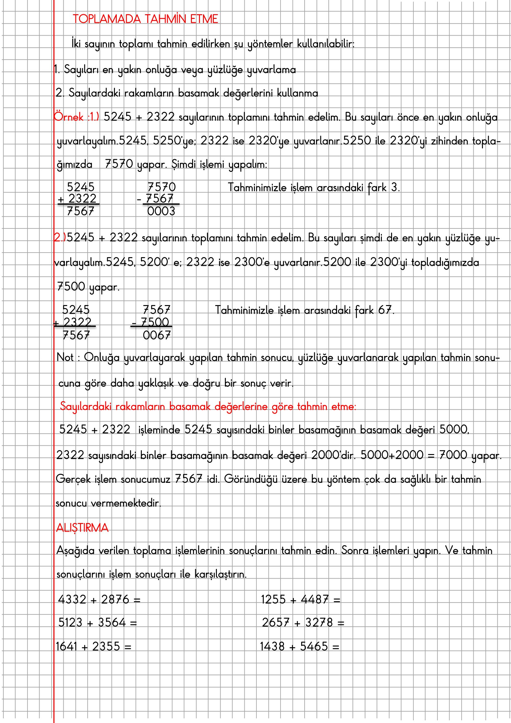 4. Sınıf Matematik Kareli Defterde Toplamada Tahmin ve Zihinden Toplama Konu Anlatımı