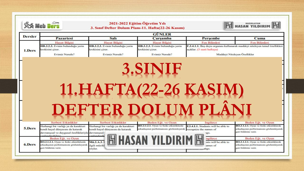3. Sınıf 11.Hafta(22-26 Kasım) Defter Dolum Planı