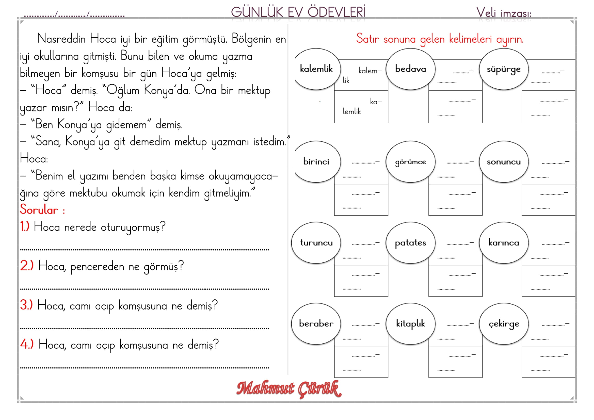 1. Sınıf 28 Mayıs 2025 Günlük Ev Ödevi