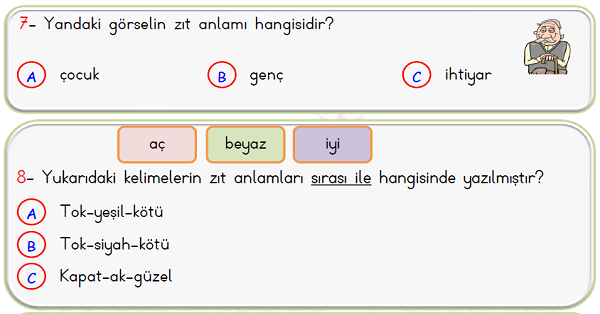 1. Sınıf Türkçe Zıt Anlamlı Kelimeler Yaprak Test