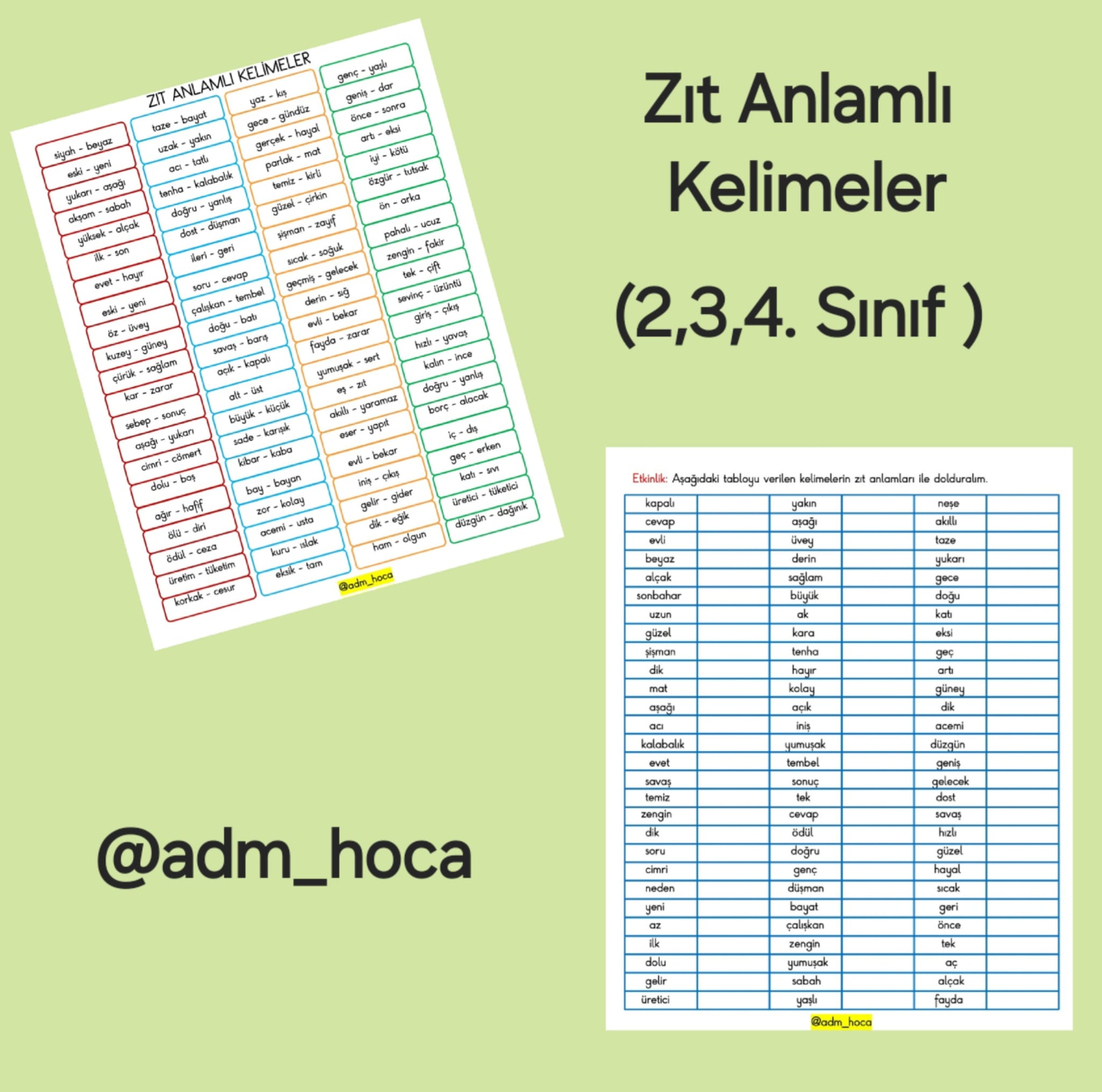 Zıt Anlamlı Kelimeler 2,3 ve 4. Sınıf