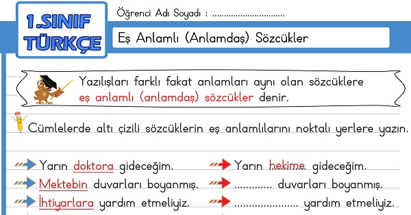 1. Sınıf Türkçe Eş Anlamlı (Anlamdaş) Sözcükler Etkinliği