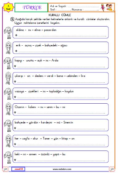 3. Sınıf Türkçe Kurallı Cümle Oluşturma  Etkinliği