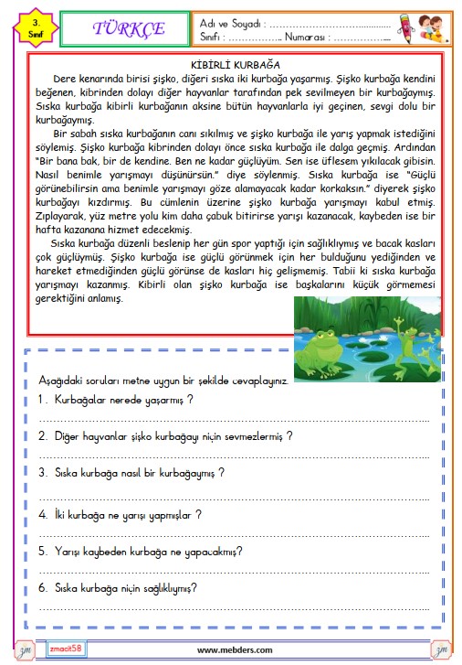 3. Sınıf Türkçe Okuma ve Anlama Metni Etkinliği (Kibirli Kurbağa)