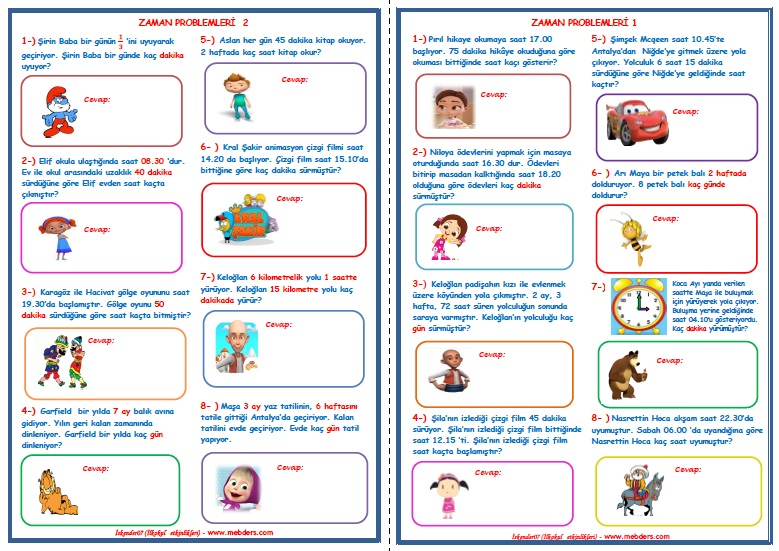 3. Sınıf Matematik Zaman Problemleri 1-2 (2 Sayfa)