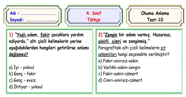4. Sınıf Türkçe Okuma Anlama Sene Sonu Değerlendirme Testi 10