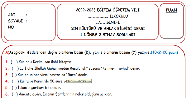 4. Sınıf Din Kültürü ve Ahlak Bilgisi 1.Dönem 2.Yazılı Sınavı
