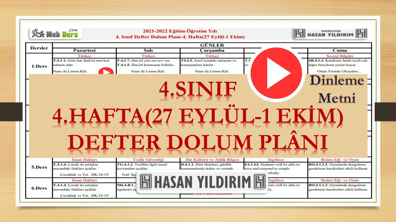 4. Sınıf 4.Hafta(27 Eylül-1 Ekim) Defter Dolum Planı