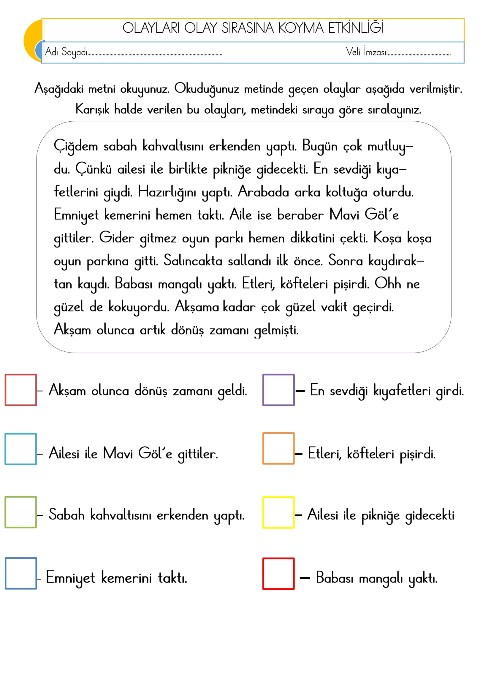 1. Sınıf Türkçe Olayları Olay Sırasına Koyma Etkinliği